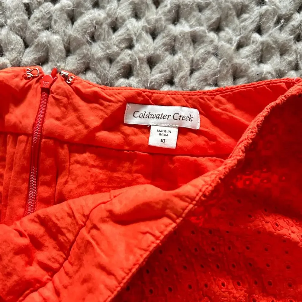 Coldwater Creek Eyelet Skirt 10 Orange Red Coral Pencil Straight Coastal Prep